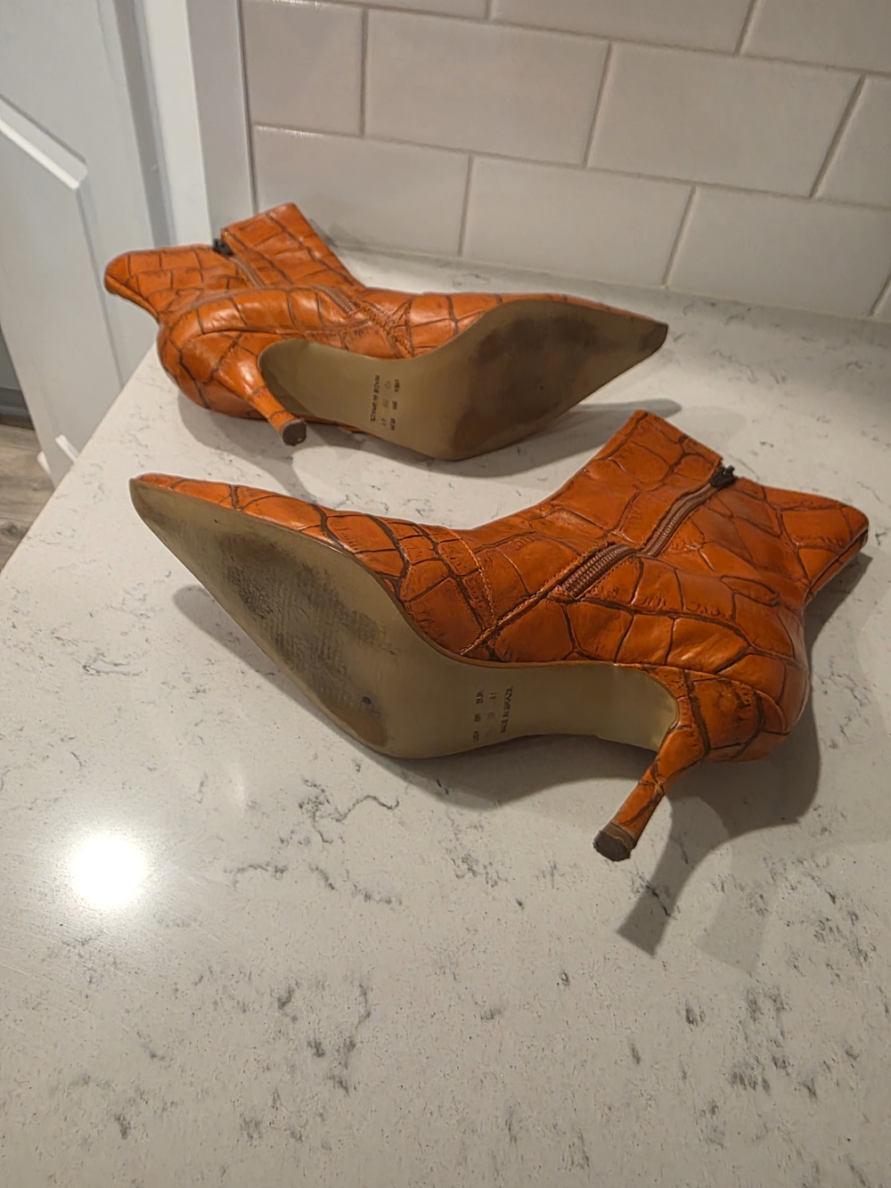 Women's Croc-Embossed Pointed Toe Ankle Boots - Orange - Picture 4 of 8